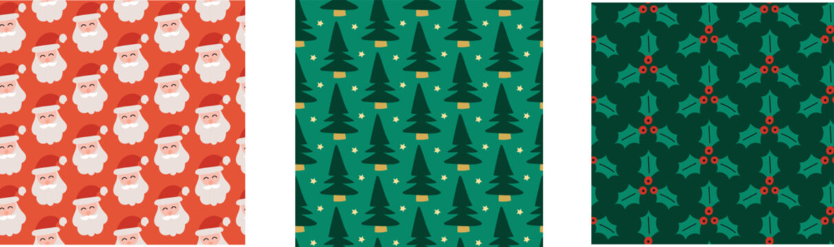 cute simple trees mistletoe Santa Claus Christmas winter seamless repeat pattern collection bundle set 