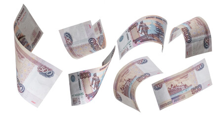 500 Rubles flying on white background. Russian banknotes at different angles.