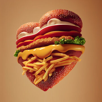 Fast Food Herz aus Burger, Pommes Frites und Ketchup, isoliert