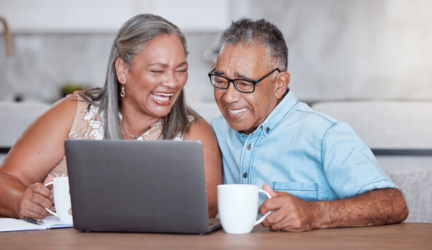 Movie, internet and senior couple streaming a video on social media with coffee in house. Happy elderly man and woman with laptop for subscription service and tea to relax while watching comic show