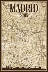 Brown vintage hand-drawn printout streets network map of the downtown MADRID, SPAIN with brown 3D city skyline and lettering