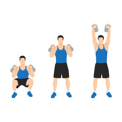 Man doing kettlebell thruster or squat to clean to overhead press exercise. Flat vector illustration isolated on white background