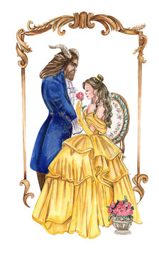 Hand drawn girl in vintage dress and monster in blue suit