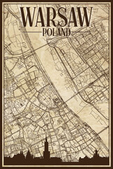 Brown vintage hand-drawn printout streets network map of the downtown WARSAW, POLAND with brown 3D city skyline and lettering