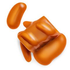 Caramel candy and flowing  caramel toffee sauce isolated on a white background. Top view. Flat lay