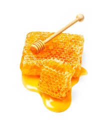 Honeycomb with honey drop on white background.  Honey dipper Flat lay. Food concept..