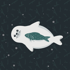 White Seal swimming with a fish, Cartoon vector illustration