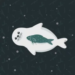 Dekokissen White Seal swimming with a fish, Cartoon vector illustration © Gefien