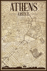 Brown vintage hand-drawn printout streets network map of the downtown ATHENS, GREECE with brown 3D city skyline and lettering