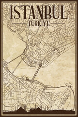 Brown vintage hand-drawn printout streets network map of the downtown ISTANBUL, TURKEY with brown 3D city skyline and lettering