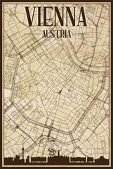 Brown vintage hand-drawn printout streets network map of the downtown VIENNA, AUSTRIA with brown 3D city skyline and lettering