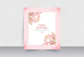 Pink background photoframe style birthday card with pink flowers