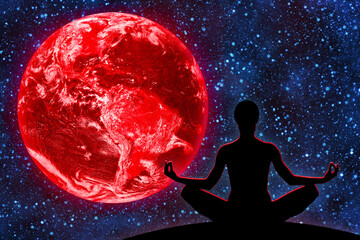 Female yoga figure against universe background and Red Planet Earth, apocalyptic, end of world, destruction of planet Earth concept. - obrazy, fototapety, plakaty