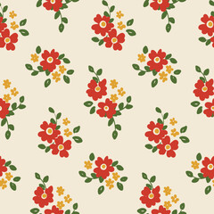 Seamless floral pattern, rustic style ditsy print with simple small plants on a light background. Cute botanical design with hand drawn flowers, leaves in bouquets. Vector illustration.
