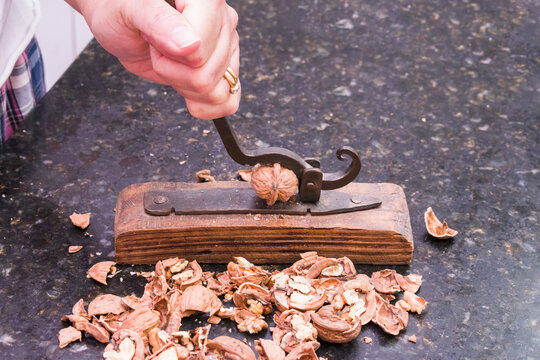 Mature Woman Uses Antique Tool To Breaking Nuts Shells.