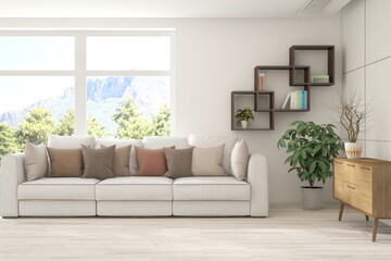 Fototapeta premium White living room with sofa and summer landscape in window. Scandinavian interior design. 3D illustration