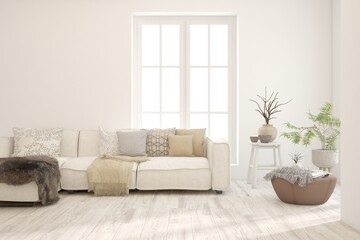 White living room with sofa. Scandinavian interior design. 3D illustration