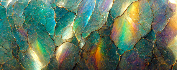 Fototapeta Digital wallpaper background of a cracked iridescent and opalescent surface texture. Polished spectrum colour, shiny  textured marble stone. Natural volcanic mineral pearlescent crystal rock pattern. obraz