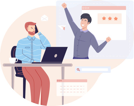 Business team celebrating goal achievement or project completion. Business partners celebrating together with their hands raised during video conference. Teamwork, business achievements flat vector