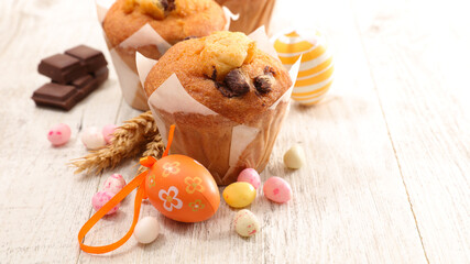 muffin and chocolate dip and easter egg decoration