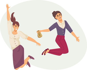 Naklejka na ściany i meble Happy business people jumping in air with bag of money. Excited office workers celebrating successful well done work. Employee recognition, business success, collaboration and teamwork cartoon vector