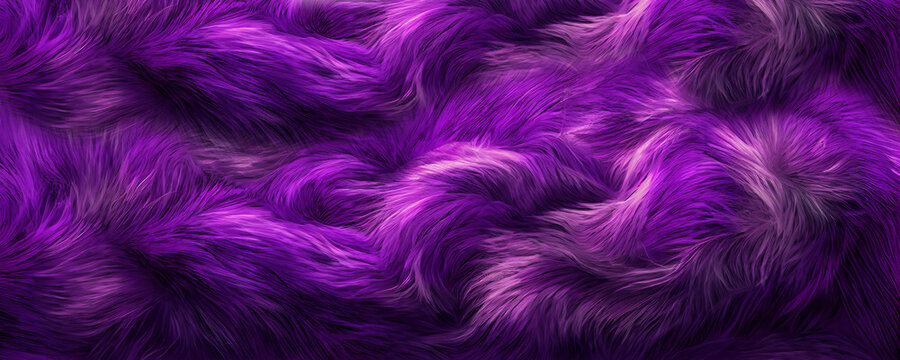 Wallpaper background of violet purple fur texture. Fluffy and soft surface pattern of magenta violet fibre. Wavy and wild hair fibre for fashion and design. Closeup of soft deluxe furry purple coat.