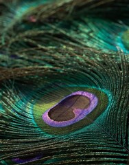 Obraz premium Peacock feather close up. Peafowl feather. Feather texture abstract pattern background wallpaper. Colorful feather. Janmashtami background. Beautiful bird feather wallpaper.
