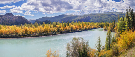Mountain river in autumn day, panoramic view