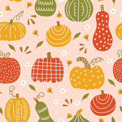 Pumpkins cute hand drawn autumn fall harvest seamless vector pattern. Vector illustration