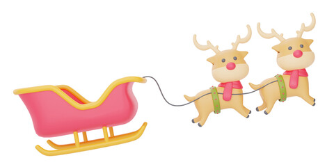 Reindeer sleigh ride isolated on white background. Merry Christmas and New Year. 3d rendering.