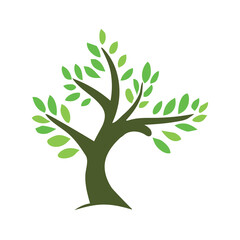 Tree logo illustration. Natural organic ecological symbol. Vector brown tree with green leafs. Modern emblem of healthy botanical agriculture. Flat design of natural plant. Symbol of bio sustainable.