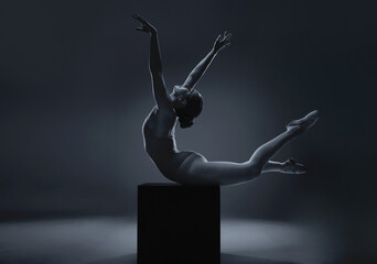 Art, ballet and woman silhouette posing in black studio for art deco, flexible, abstract and...
