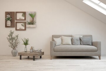 White living room with sofa. Scandinavian interior design. 3D illustration