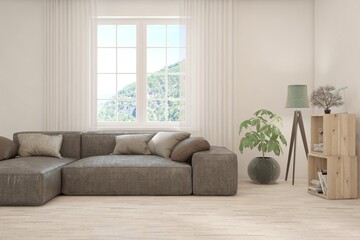 White living room with sofa. Scandinavian interior design. 3D illustration
