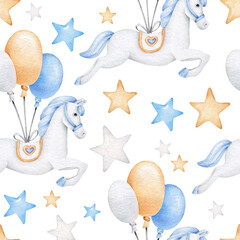 Naklejka premium Baby print with horses, balloons and star
