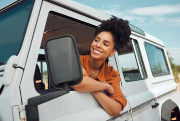 Road trip travel, black woman and window freedom to relax in camping car, summer countryside and...
