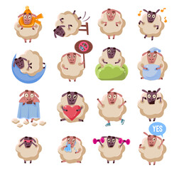 Funny Cartoon Sheep and Lamb Mascot Animal Engaged in Different Activity Big Vector Set