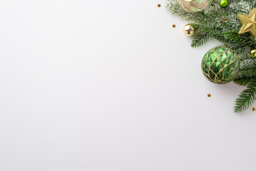 New Year concept. Top view photo of pine branch with stylish baubles gold star ornament and shiny...