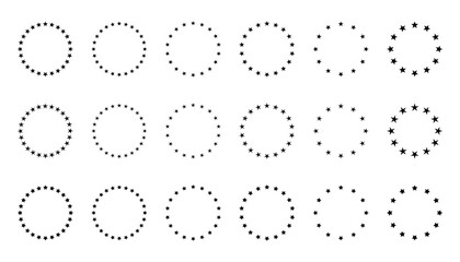 Stars of various sizes arranged in a circle. Round frame, border. Design element, ornament. Black star shape, simple symbol. Vector illustration.	