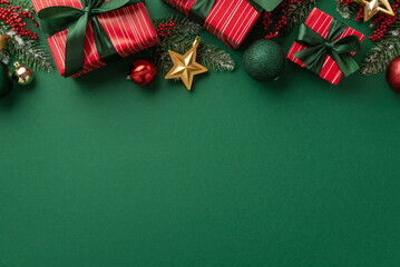 New Year concept. Top view photo of red gift boxes with green ribbon bows baubles gold star...