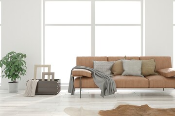 White living room with sofa. Scandinavian interior design. 3D illustration
