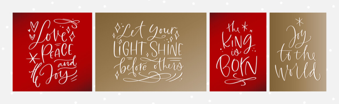 Christmas Bible verse set. Christian psalm calligraphy quotes. Red and gold design with phrases. Love, peace, joy. The king is born. Let your light shine before others. 