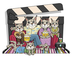 Family of lynxes is watching a movie