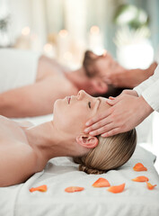 Couple, head massage or relax wellness in hotel, hospitality salon or zen spa in stress release,...
