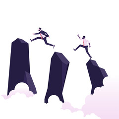 Businessman jumps across gap to achieve goal, Symbol of business challenge, opportunity, success, ambition and motivation