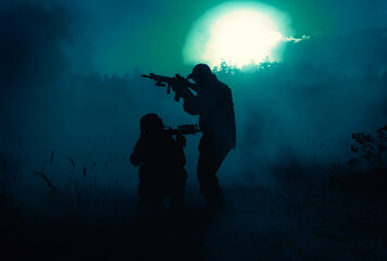 United States Marines in action. Military battle, forest battlefield, smoke grenades