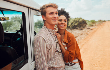 Happy couple, travel and smile for road trip in the countryside on vacation together in nature....
