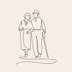 Elderly couple in continuous line art drawing style. Senior man and woman walking together holding hands. Minimalist black linear sketch isolated on white background. Vector illustration