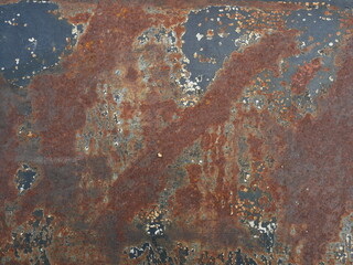 Brown rust stain on the black with blue with green with gray and silver color surface of the sheet metal , Cracked and flaking surfaces, Abstract background and metalic texture