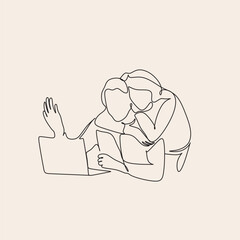 Old Elderly couple vector using laptop at home in continuous line art drawing style. Minimalist black linear sketch isolated on white background